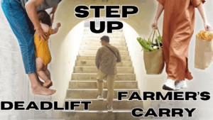 Picking up grandchild = Deadlift. Walking up stairs = step up, Carrying shopping = farmer's carry