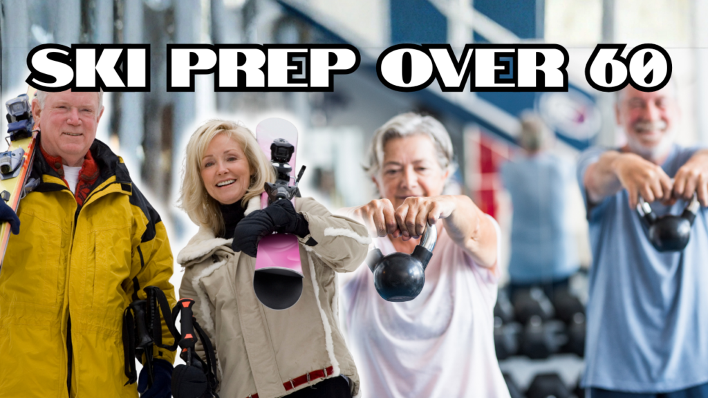 Older couple carrying skis and another older couple lifting kettlebells