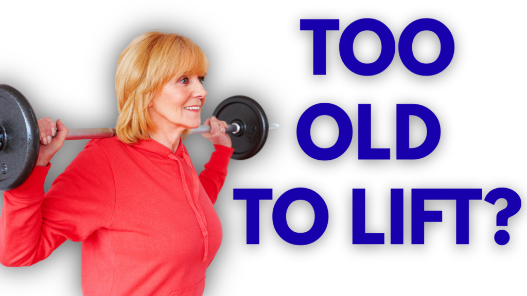 A women in her 60's performing a back squat with navy lettering saying 'Too Old to Lift'