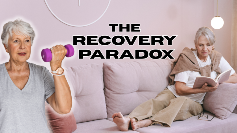 A woman on the left lifting a dumbbell whilst a picture of the same woman layign on a sofa and relaxing.