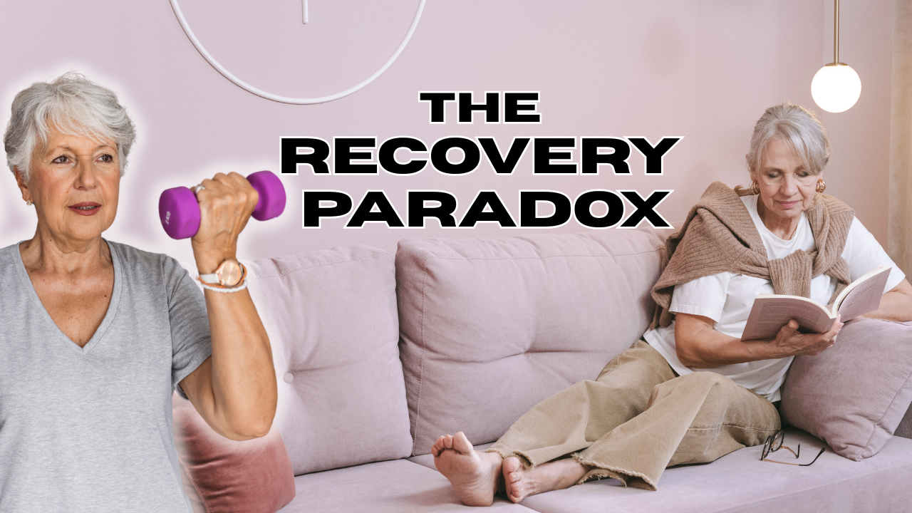 A woman on the left lifting a dumbbell whilst a picture of the same woman layign on a sofa and relaxing.