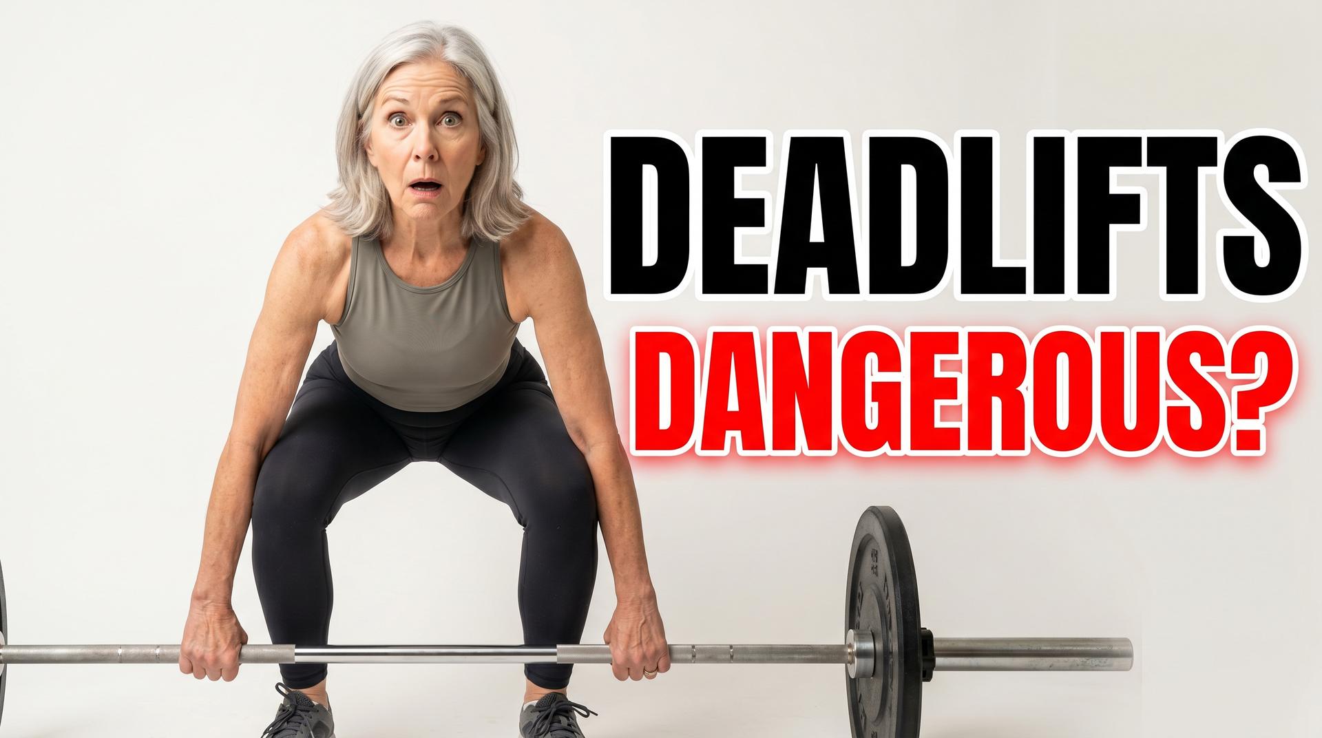 Older woman in a deadlift position with a barbell looking alarmed, with the text "Deadlifts Dangerous?