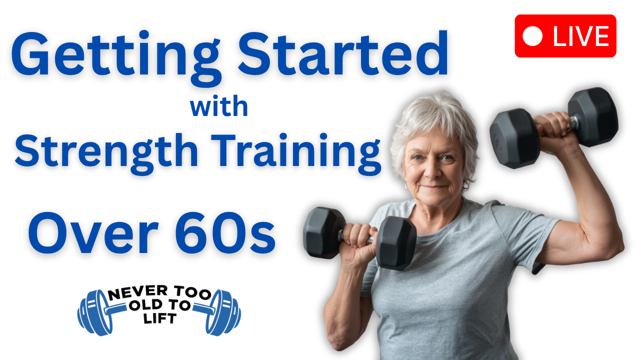 Woman lifting dumbbells at home, promoting a free live webinar on getting started with strength training after 60