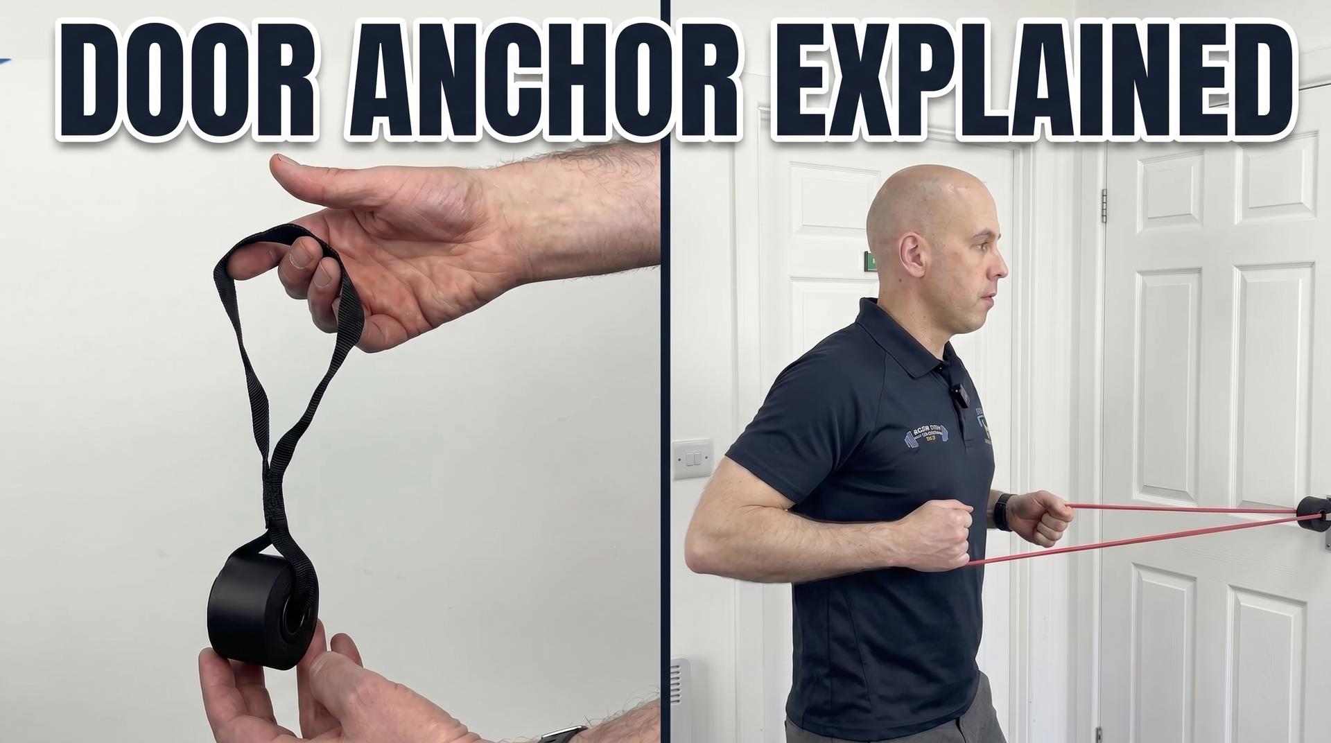 Resistance band door anchor with foam stopper, and standing row exercise using a door anchor