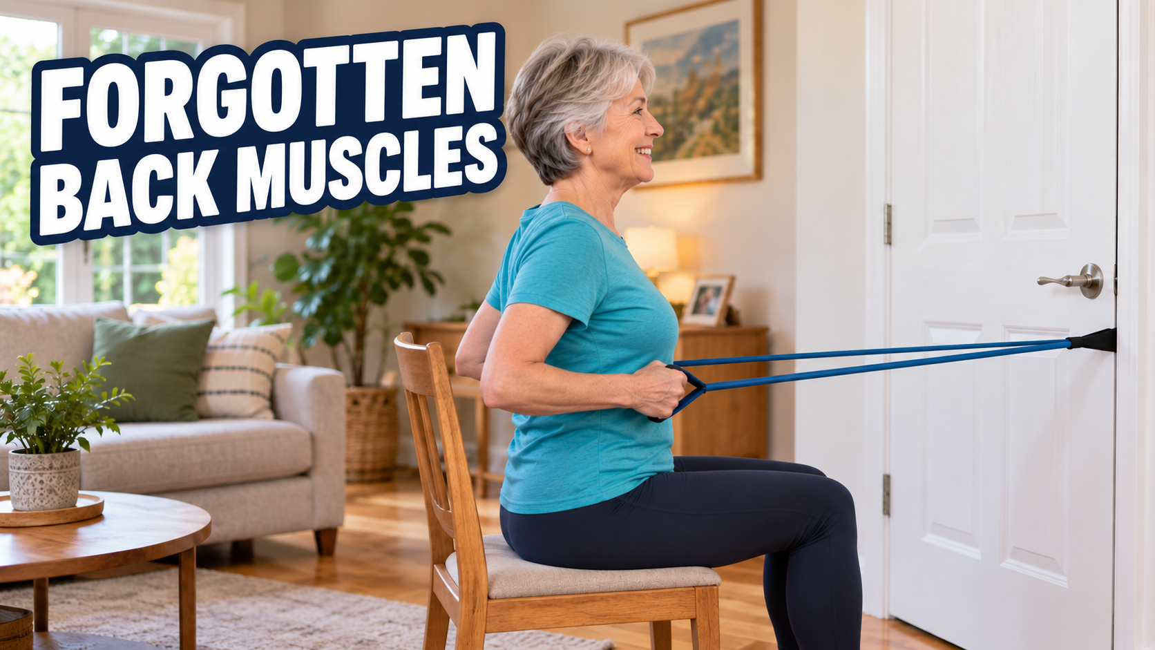 Woman in her 60s performing a seated resistance band row using a door anchor at home